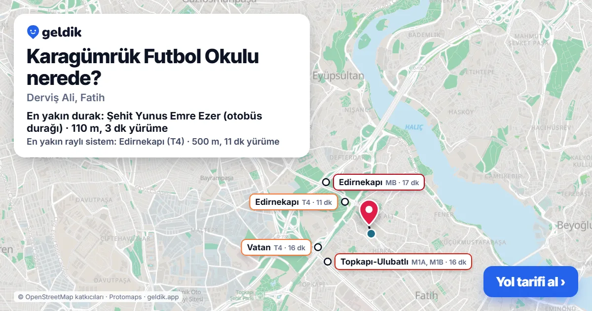 Where is Karagümrük Futbol Okulu: map with its location and the nearest stops, with walking times