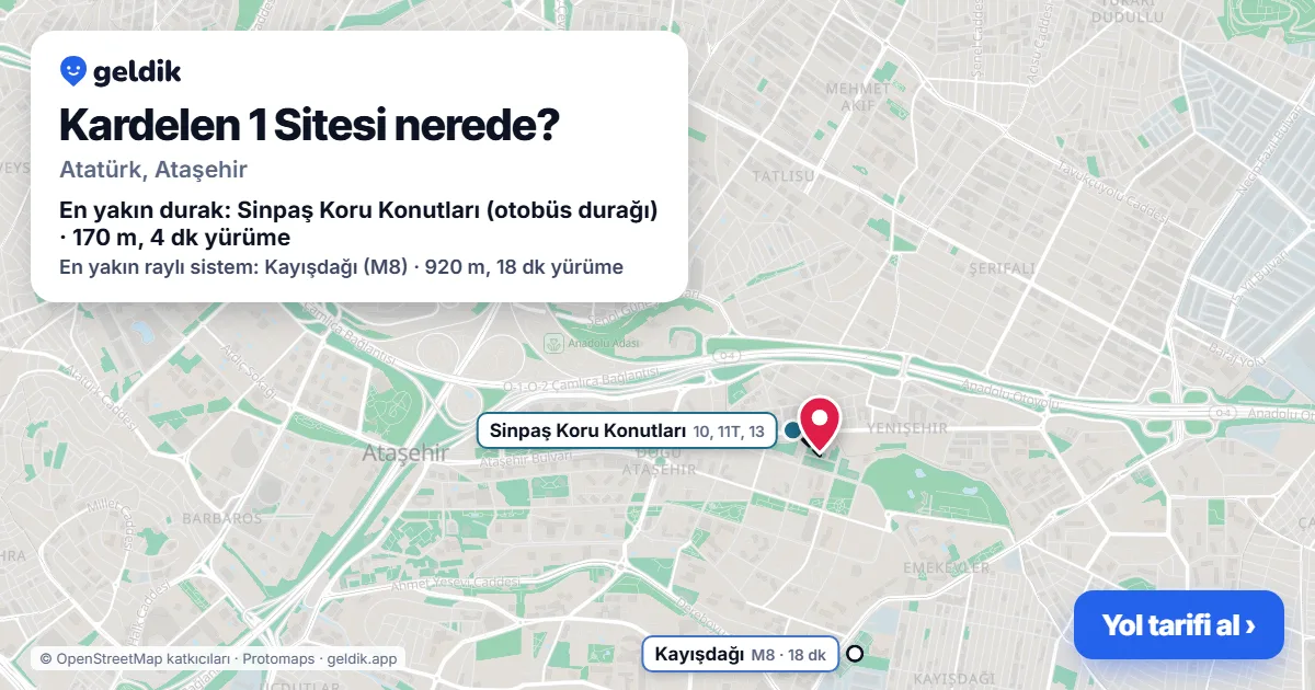 Where is Kardelen 1 Sitesi: map with its location and the nearest stops, with walking times