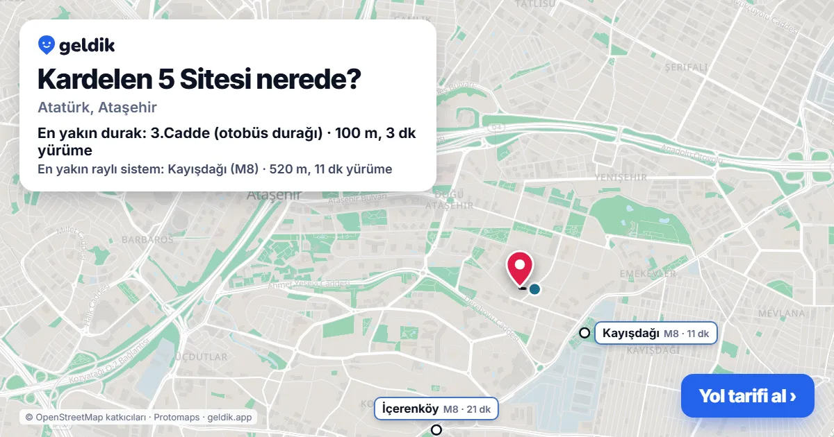 Where is Kardelen 5 Sitesi: map with its location and the nearest stops, with walking times
