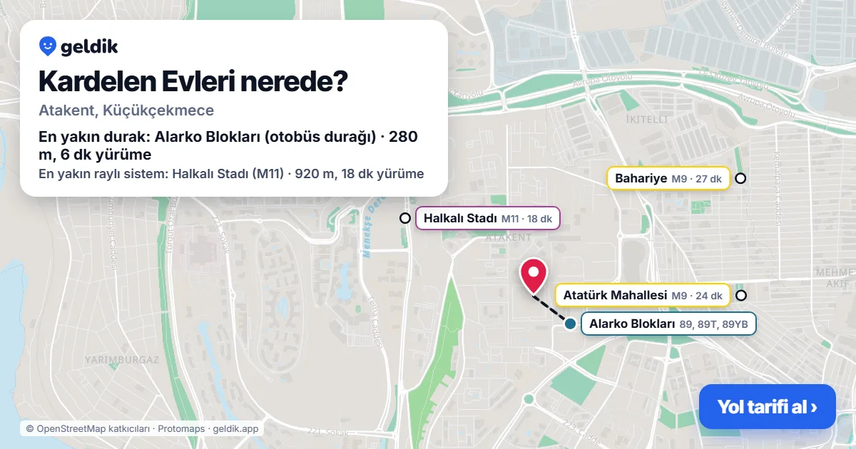 Kardelen Evleri nerede: haritada konumu ve en yakın duraklar, yürüme süreleriyle