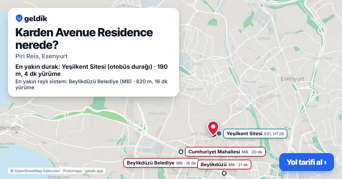 Karden Avenue Residence nerede: haritada konumu ve en yakın duraklar, yürüme süreleriyle