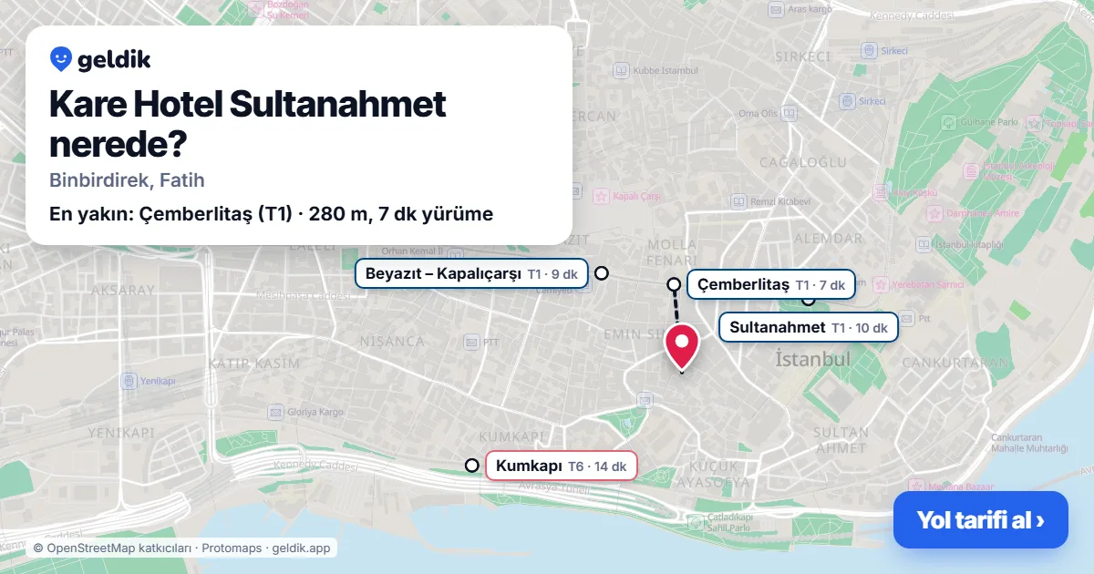 Kare Hotel Sultanahmet nerede: haritada konumu ve en yakın duraklar, yürüme süreleriyle