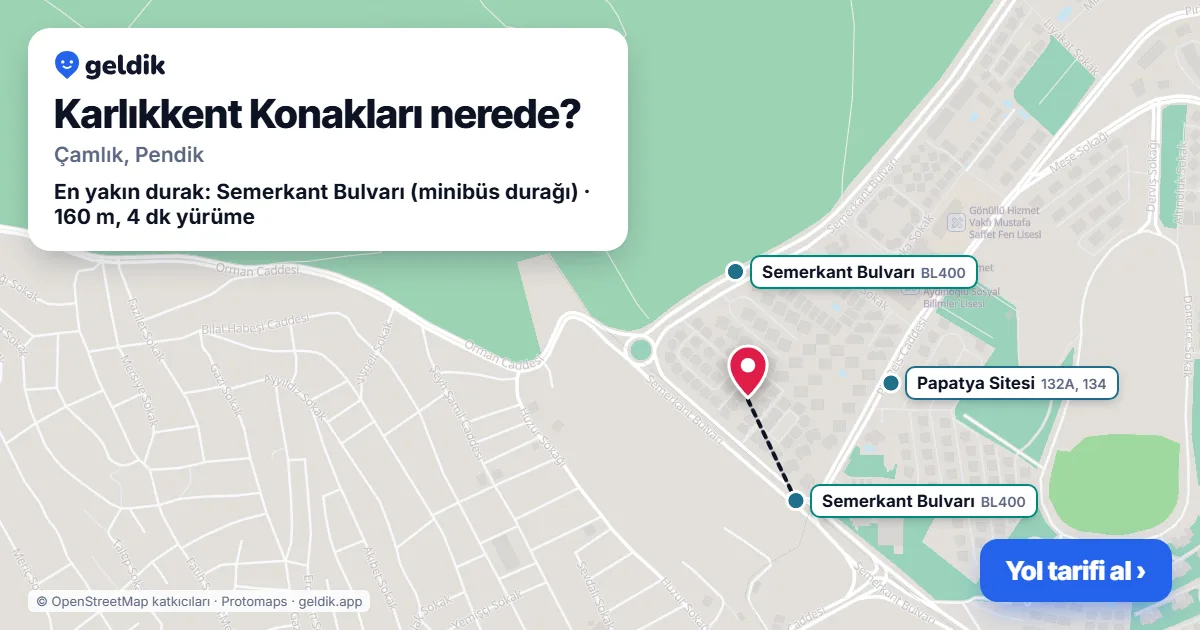 Karlıkkent Konakları nerede: haritada konumu ve en yakın duraklar, yürüme süreleriyle