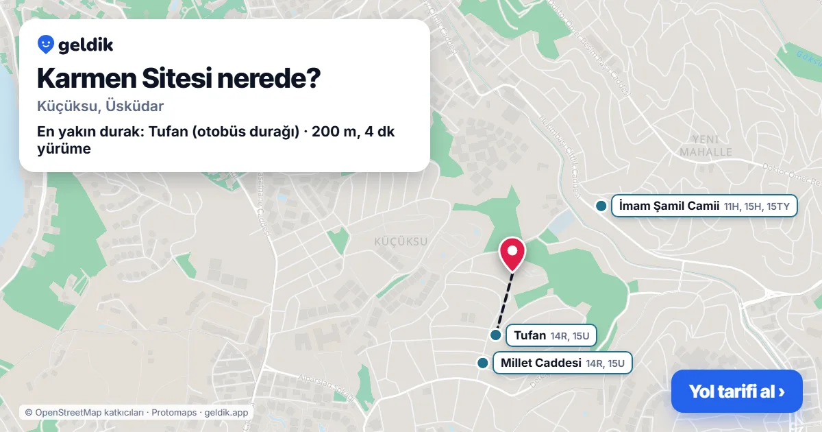 Karmen Sitesi nerede: haritada konumu ve en yakın duraklar, yürüme süreleriyle