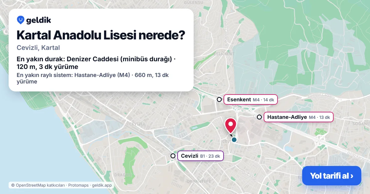Where is Kartal Anadolu Lisesi: map with its location and the nearest stops, with walking times