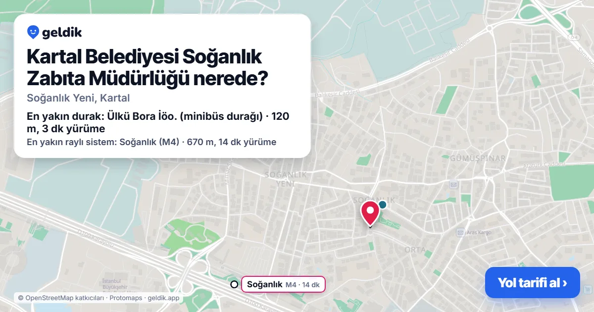 Where is Kartal Belediyesi Soğanlık Zabıta Müdürlüğü: map with its location and the nearest stops, with walking times