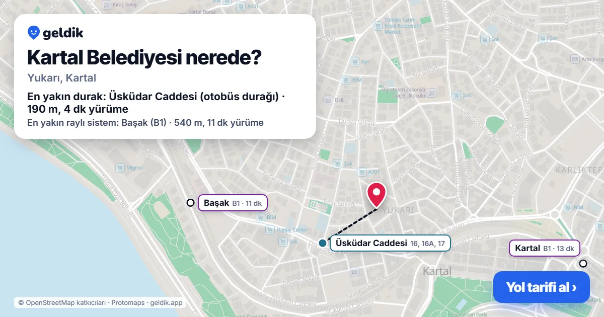 Kartal Belediyesi nerede: haritada konumu ve en yakın duraklar, yürüme süreleriyle