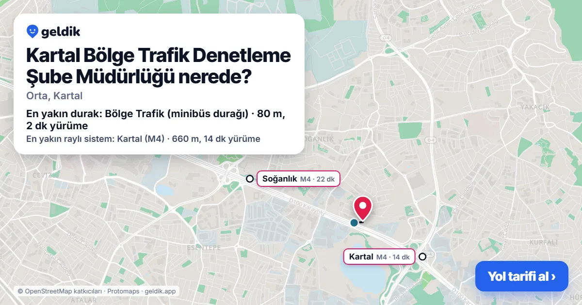 Where is Kartal Bölge Trafik Denetleme Şube Müdürlüğü: map with its location and the nearest stops, with walking times