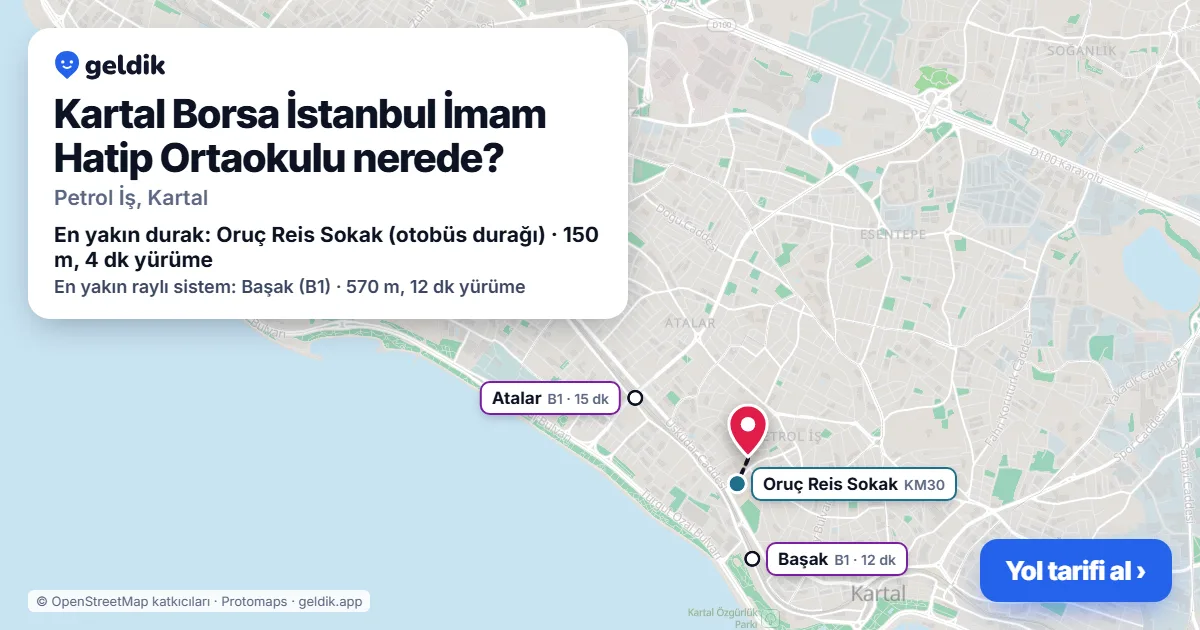 Kartal Borsa İstanbul İmam Hatip Ortaokulu nerede: haritada konumu ve en yakın duraklar, yürüme süreleriyle