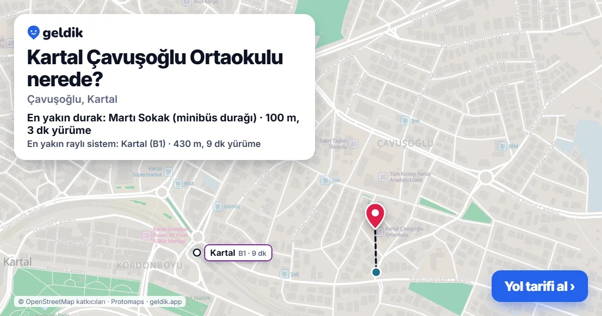 Where is Kartal Çavuşoğlu Ortaokulu: map with its location and the nearest stops, with walking times