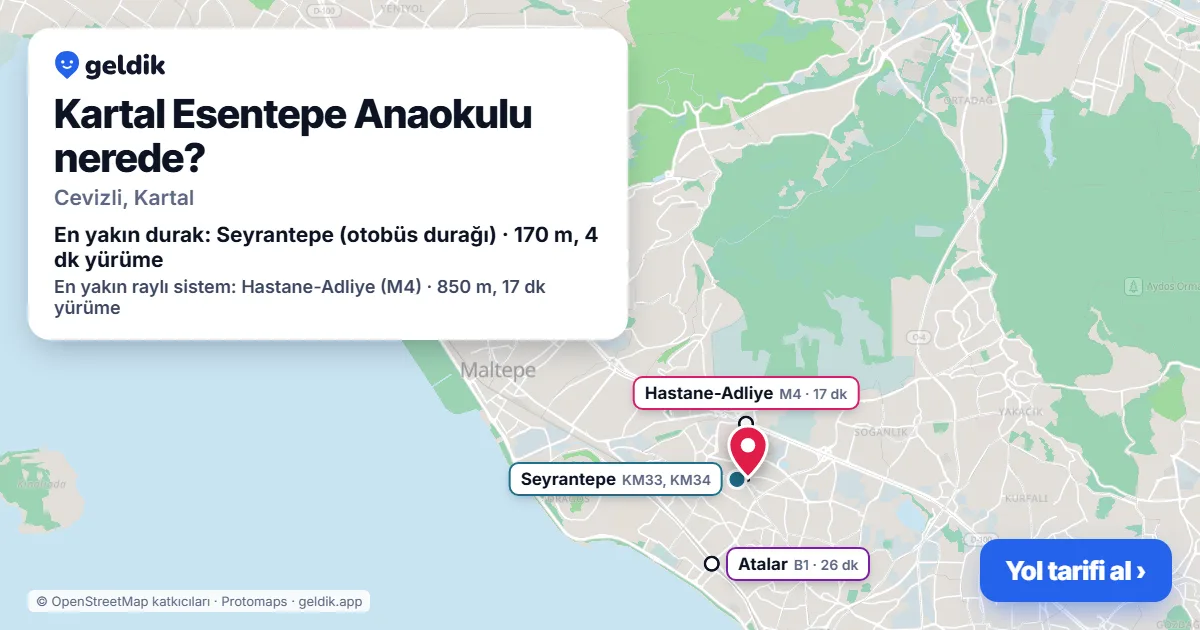 Kartal Esentepe Anaokulu nerede: haritada konumu ve en yakın duraklar, yürüme süreleriyle