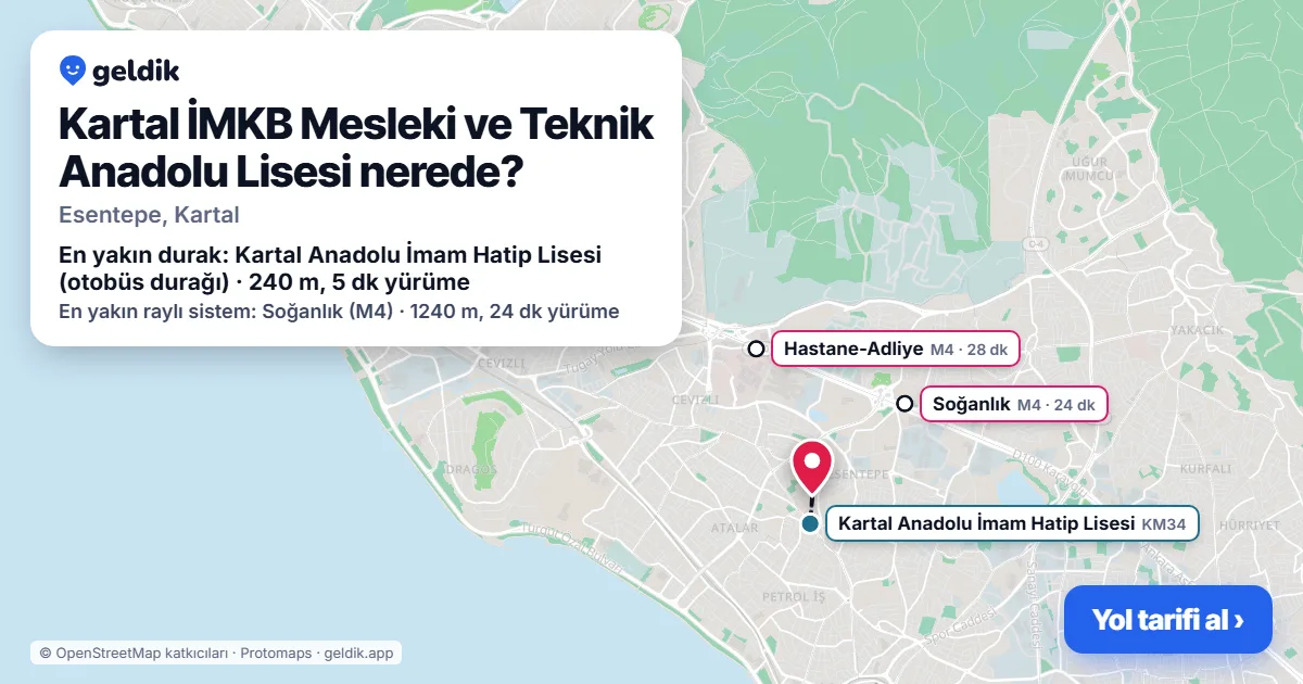 Kartal İMKB Mesleki ve Teknik Anadolu Lisesi nerede: haritada konumu ve en yakın duraklar, yürüme süreleriyle