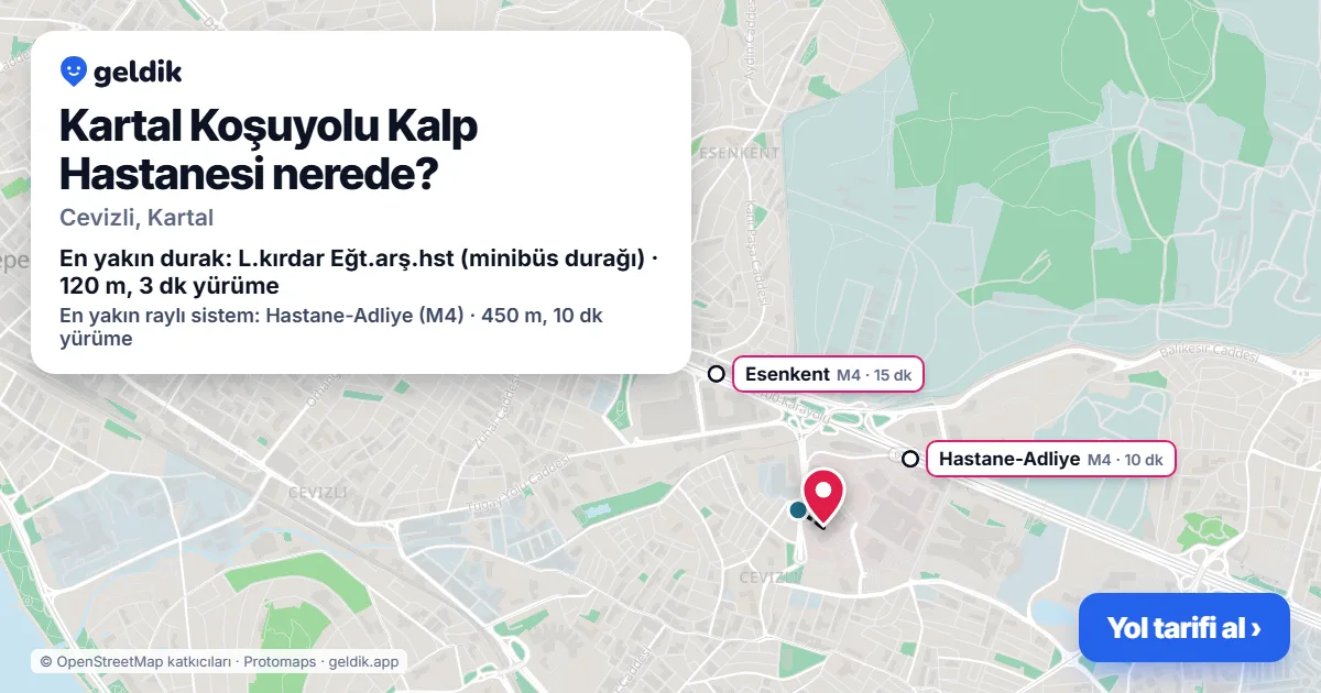 Kartal Koşuyolu Kalp Hastanesi nerede: haritada konumu ve en yakın duraklar, yürüme süreleriyle