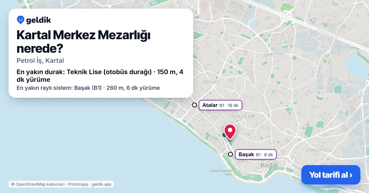 Kartal Merkez Mezarlığı nerede: haritada konumu ve en yakın duraklar, yürüme süreleriyle