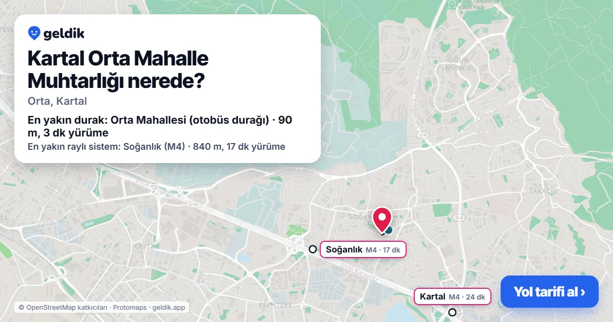 Where is Kartal Orta Mahalle Muhtarlığı: map with its location and the nearest stops, with walking times