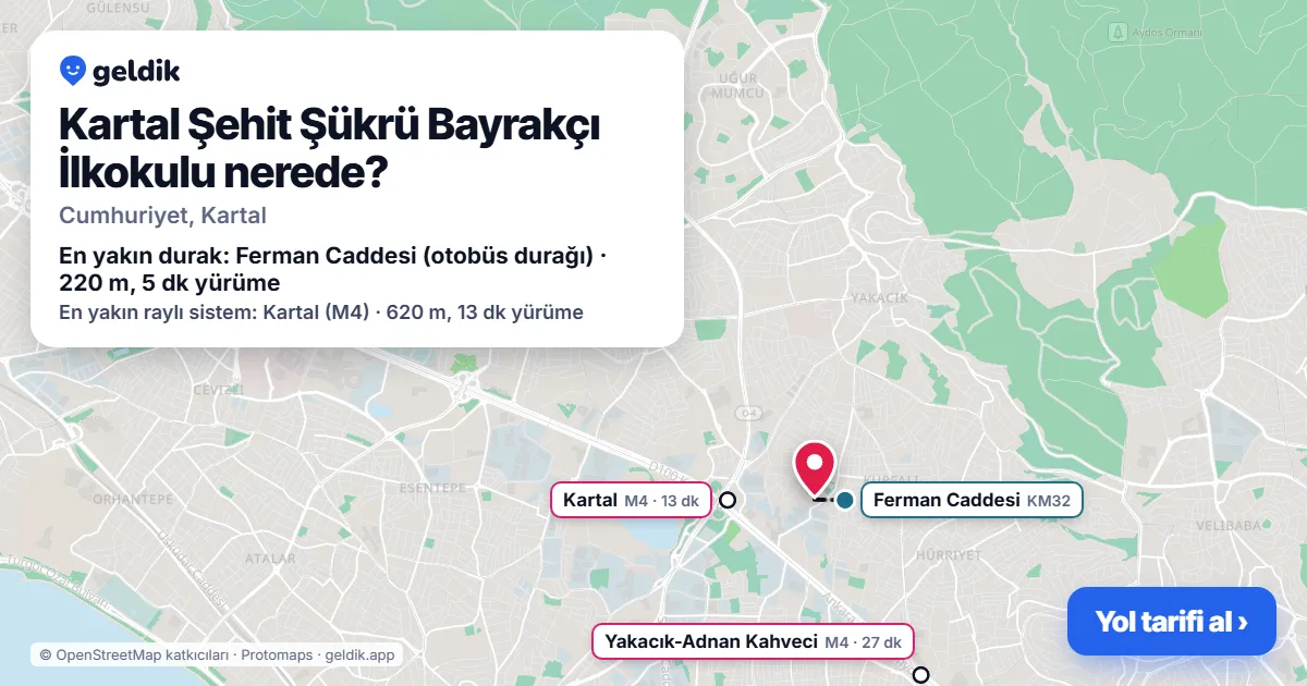 Kartal Şehit Şükrü Bayrakçı İlkokulu nerede: haritada konumu ve en yakın duraklar, yürüme süreleriyle
