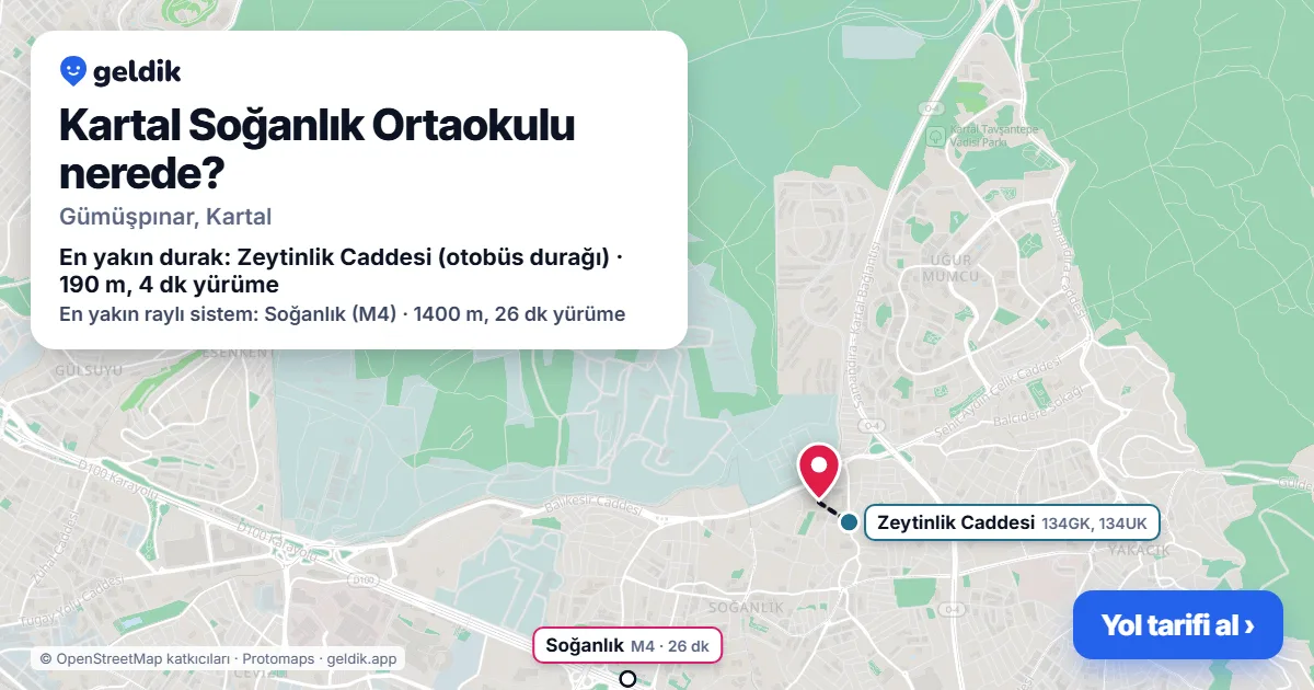 Where is Kartal Soğanlık Ortaokulu: map with its location and the nearest stops, with walking times