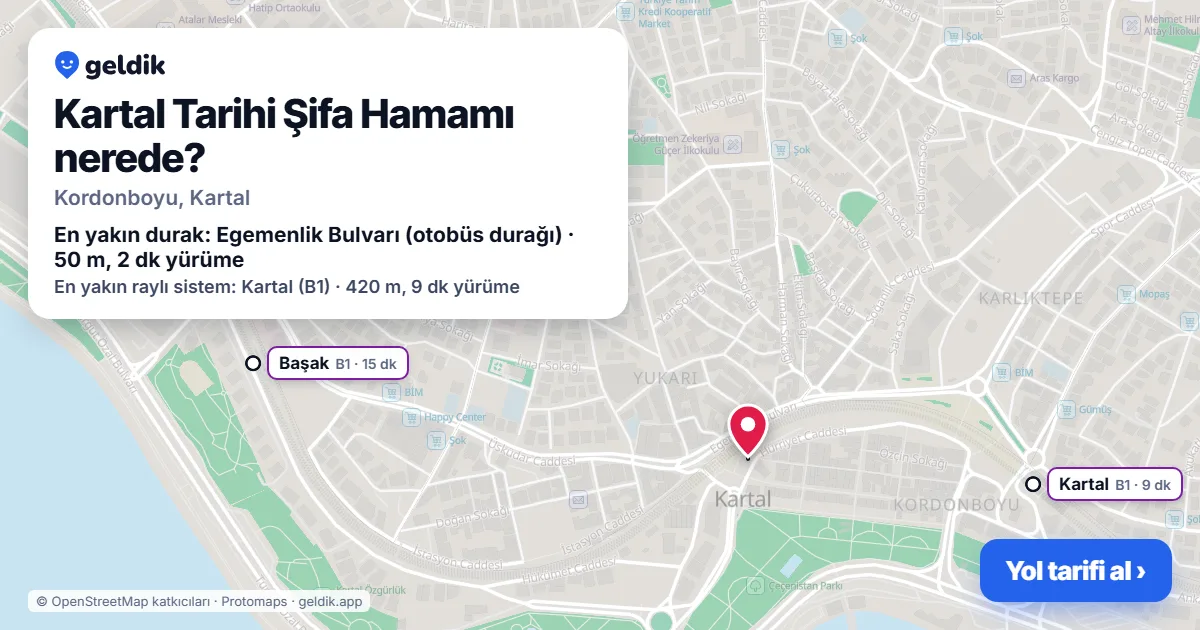 Kartal Tarihi Şifa Hamamı nerede: haritada konumu ve en yakın duraklar, yürüme süreleriyle