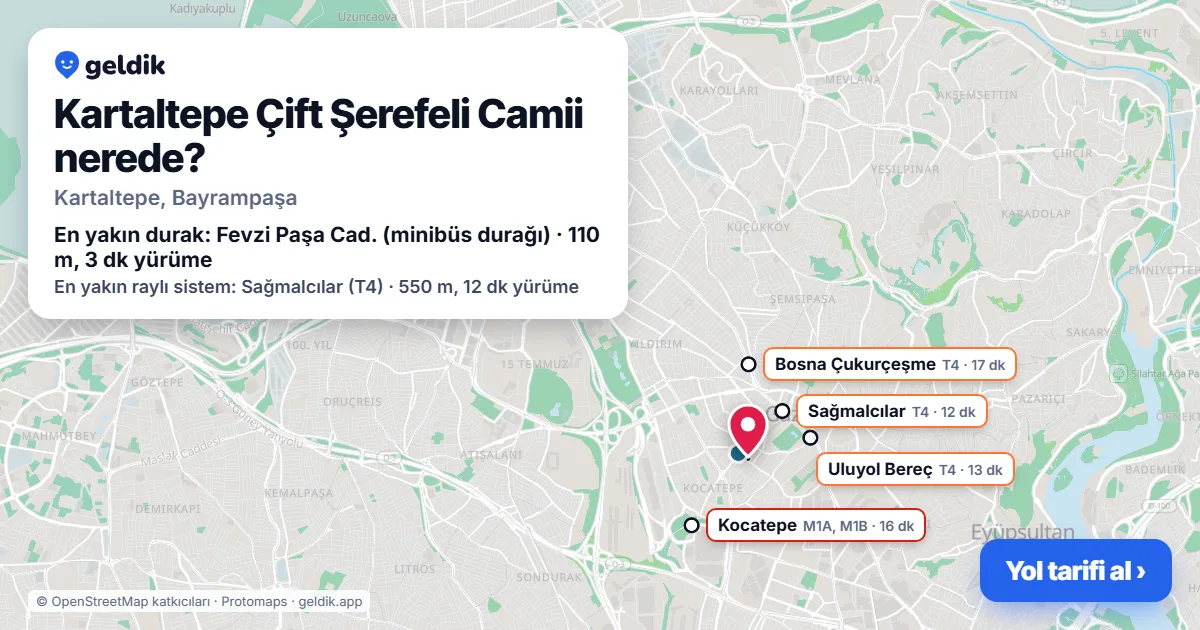 Where is Kartaltepe Çift Şerefeli Camii: map with its location and the nearest stops, with walking times