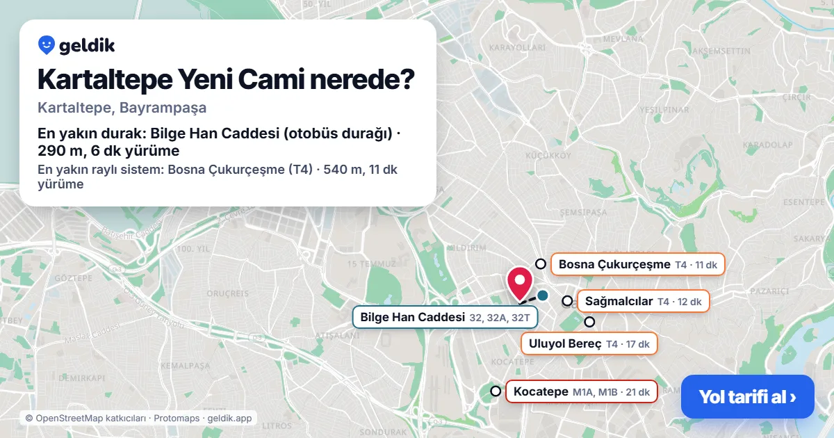 Kartaltepe Yeni Cami nerede: haritada konumu ve en yakın duraklar, yürüme süreleriyle