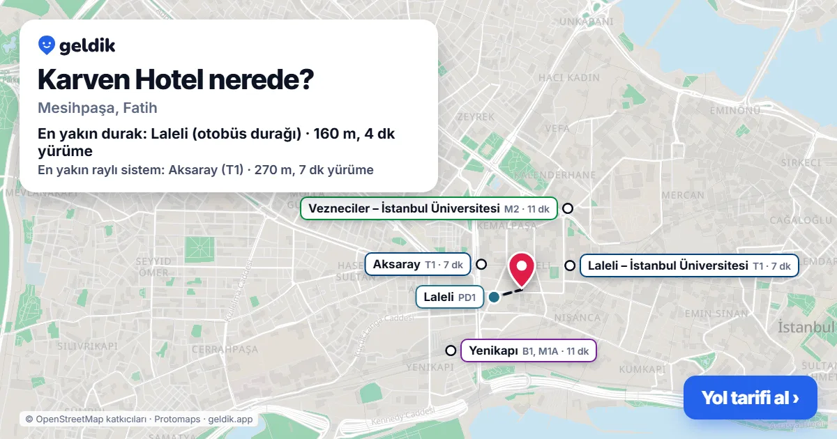 Where is Karven Hotel: map with its location and the nearest stops, with walking times