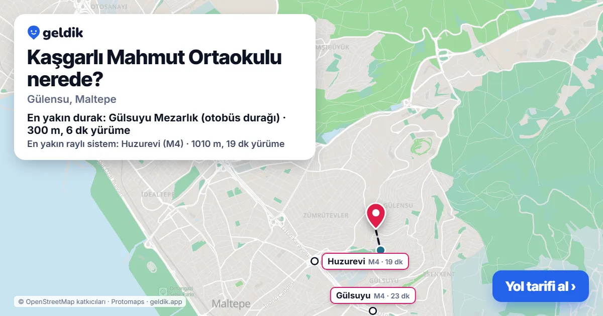 Kaşgarlı Mahmut Ortaokulu nerede: haritada konumu ve en yakın duraklar, yürüme süreleriyle