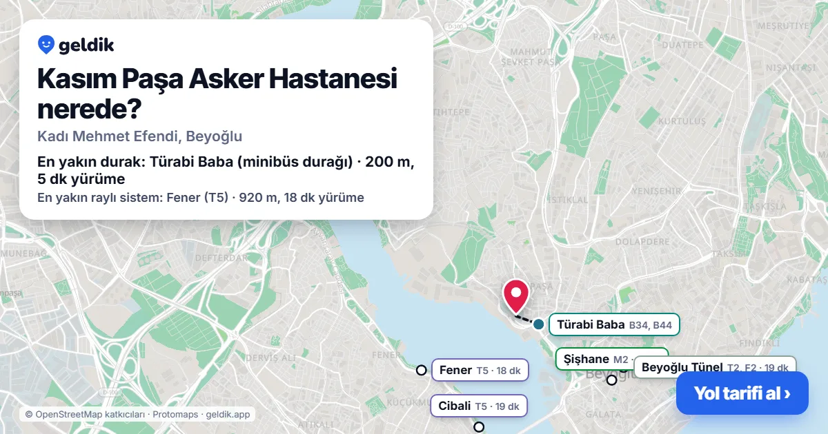 Where is Kasım Paşa Asker Hastanesi: map with its location and the nearest stops, with walking times