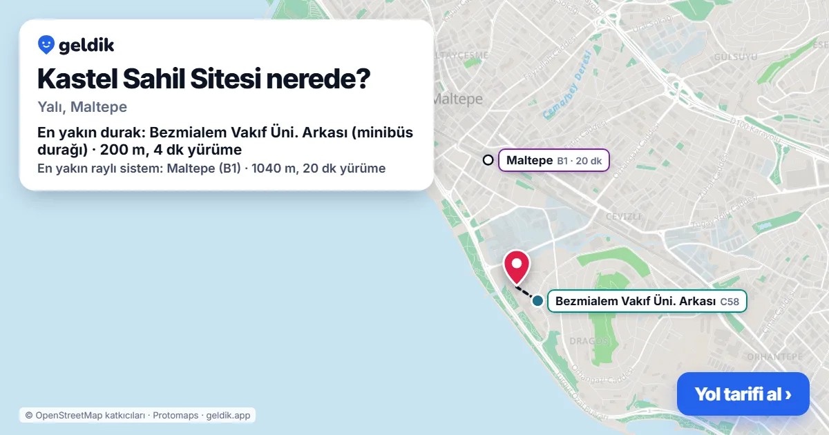 Kastel Sahil Sitesi nerede: haritada konumu ve en yakın duraklar, yürüme süreleriyle