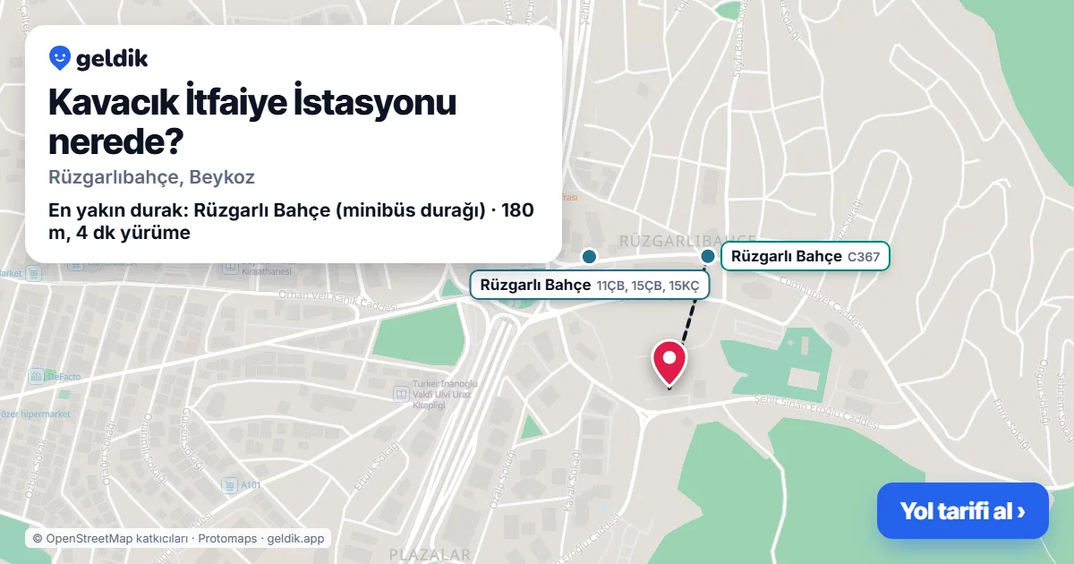 Where is Kavacık İtfaiye İstasyonu: map with its location and the nearest stops, with walking times