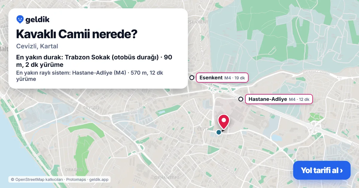 Where is Kavaklı Camii: map with its location and the nearest stops, with walking times