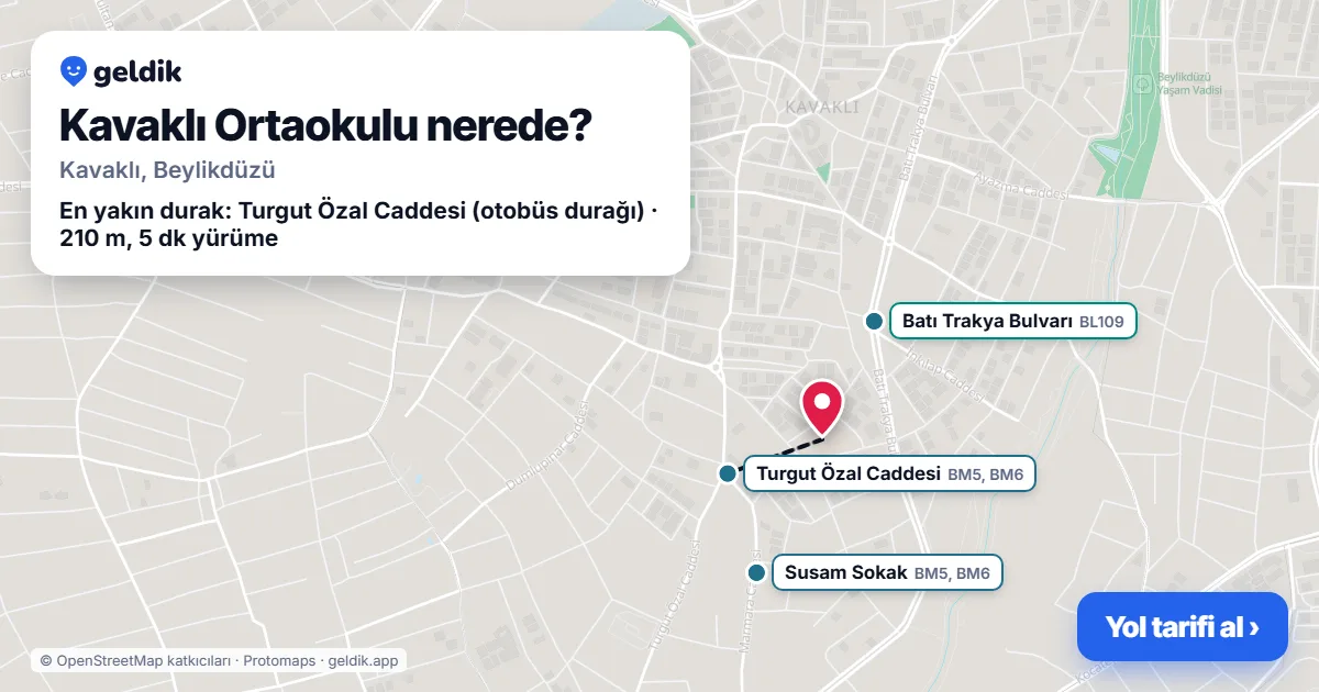 Where is Kavaklı Ortaokulu: map with its location and the nearest stops, with walking times