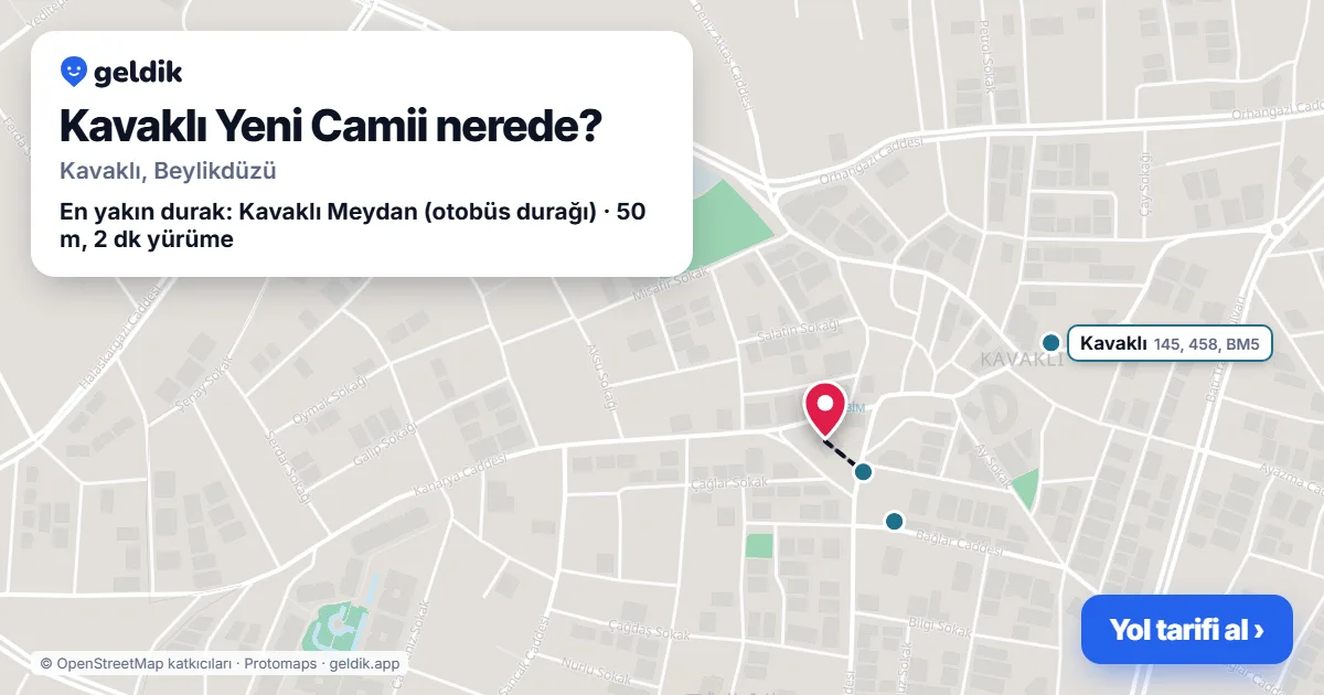 Where is Kavaklı Yeni Camii: map with its location and the nearest stops, with walking times