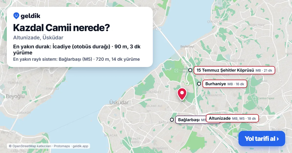 Kazdal Camii nerede: haritada konumu ve en yakın duraklar, yürüme süreleriyle