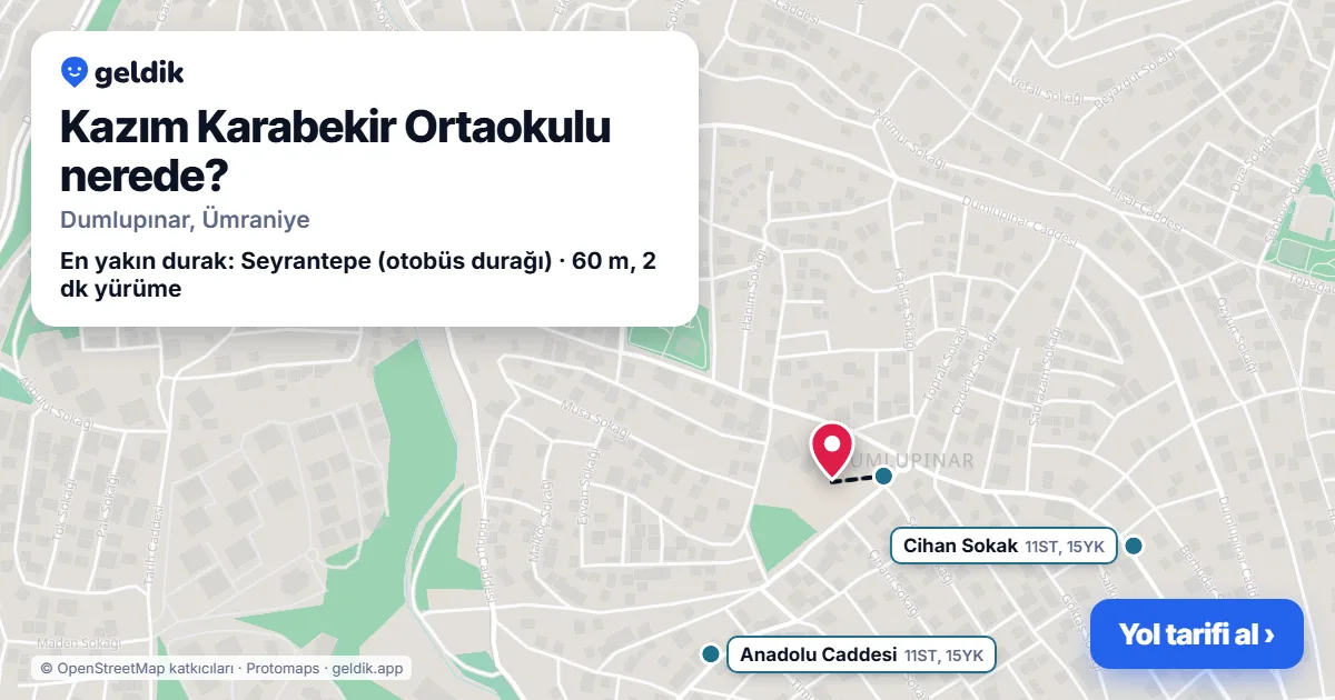 Kazım Karabekir Ortaokulu nerede: haritada konumu ve en yakın duraklar, yürüme süreleriyle