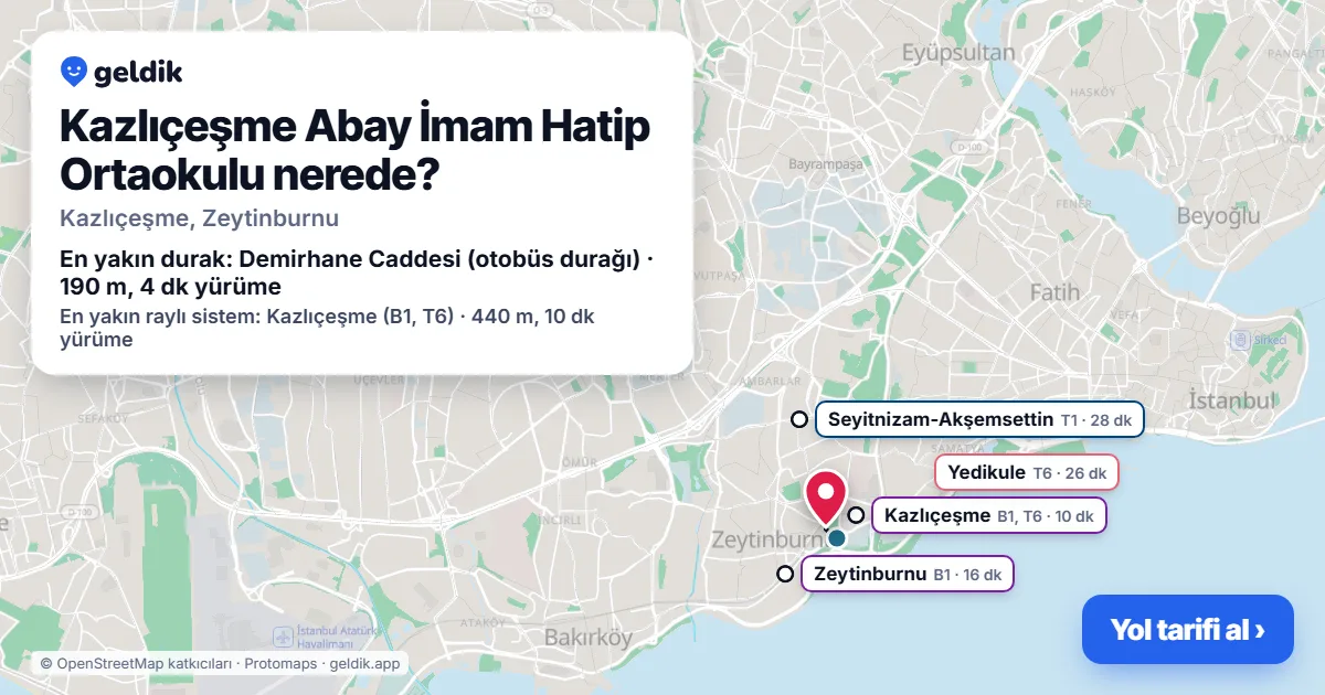 Where is Kazlıçeşme Abay İmam Hatip Ortaokulu: map with its location and the nearest stops, with walking times