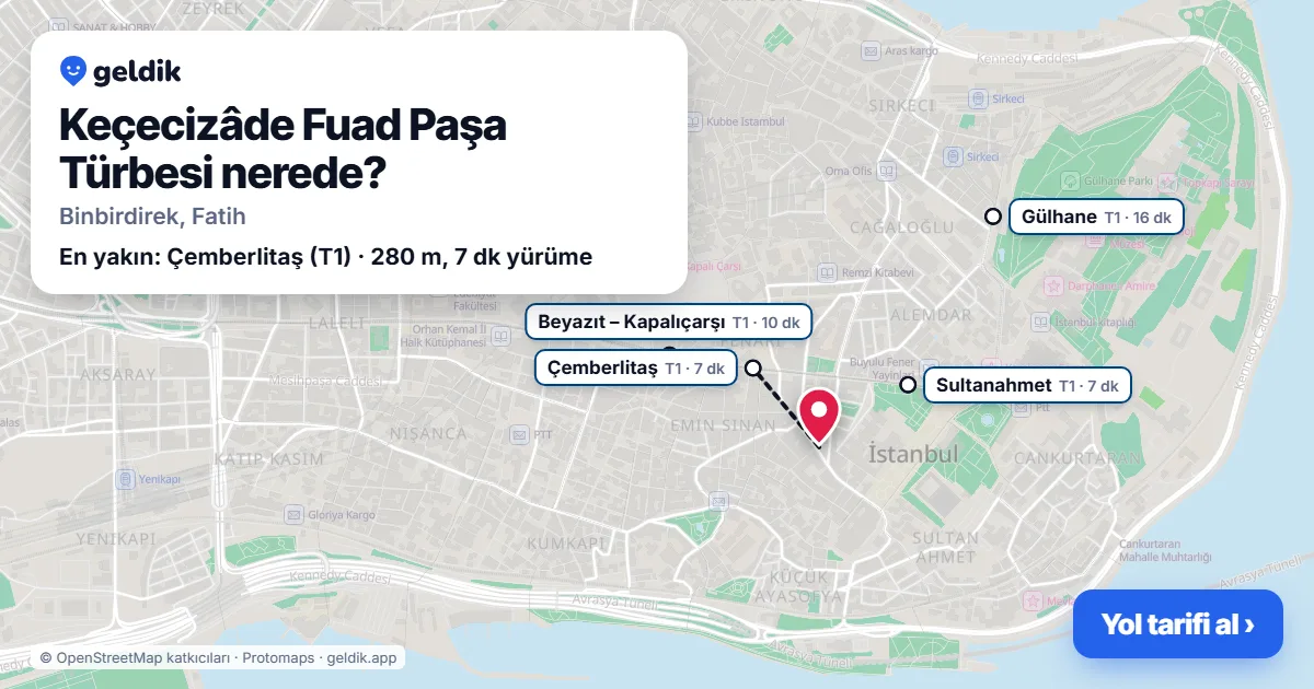 Keçecizâde Fuad Paşa Türbesi nerede: haritada konumu ve en yakın duraklar, yürüme süreleriyle