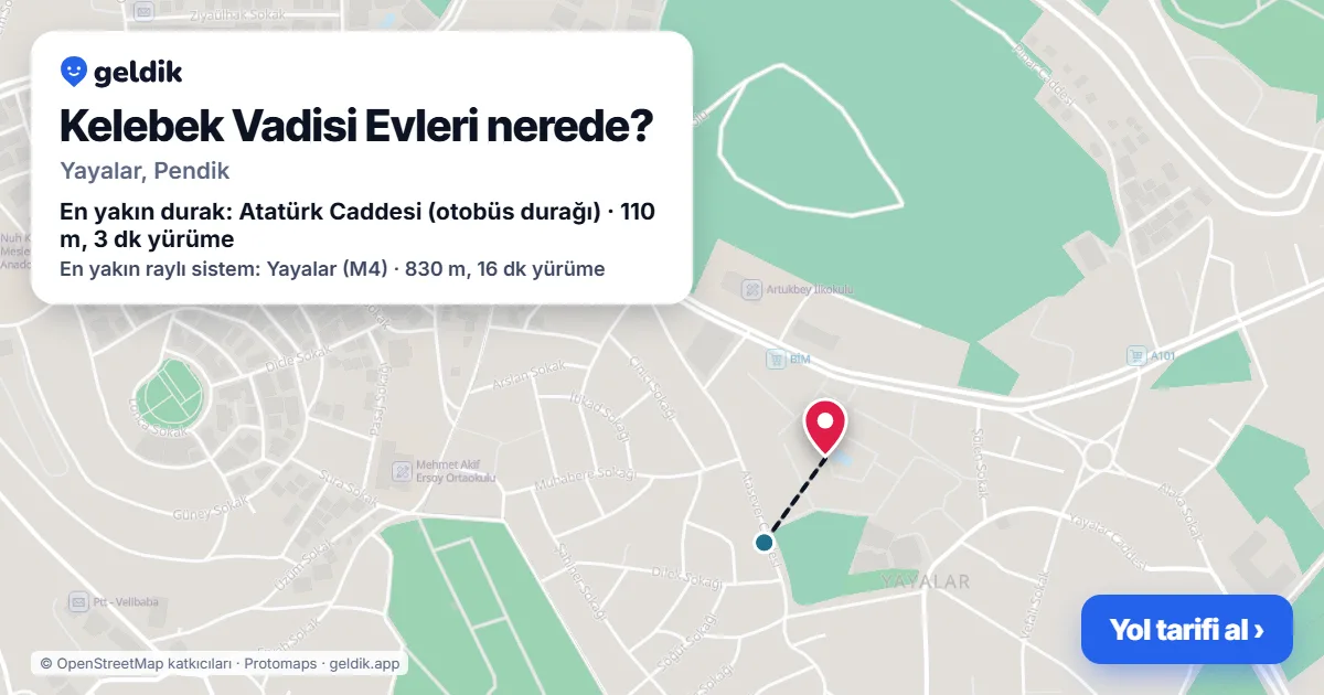 Kelebek Vadisi Evleri nerede: haritada konumu ve en yakın duraklar, yürüme süreleriyle