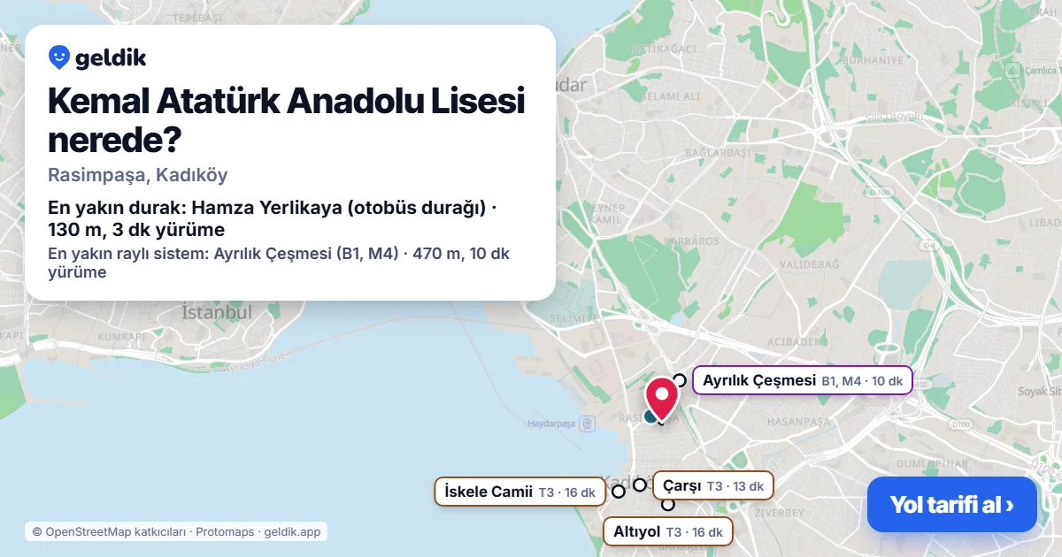 Where is Kemal Atatürk Anadolu Lisesi: map with its location and the nearest stops, with walking times