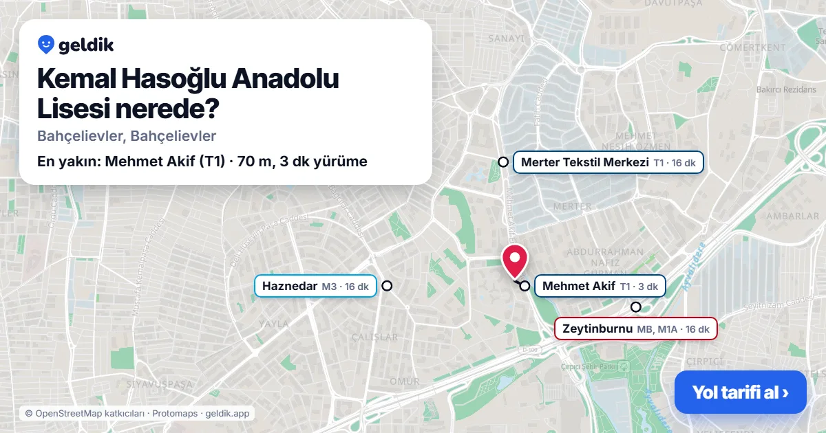 Kemal Hasoğlu Anadolu Lisesi nerede: haritada konumu ve en yakın duraklar, yürüme süreleriyle