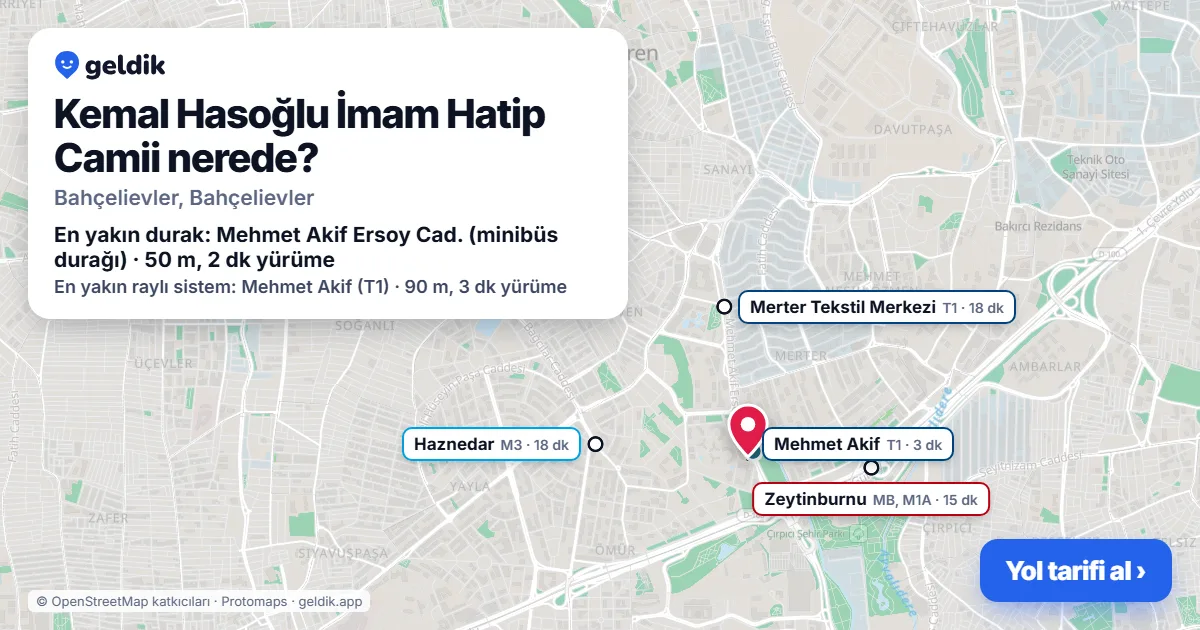 Kemal Hasoğlu İmam Hatip Camii nerede: haritada konumu ve en yakın duraklar, yürüme süreleriyle