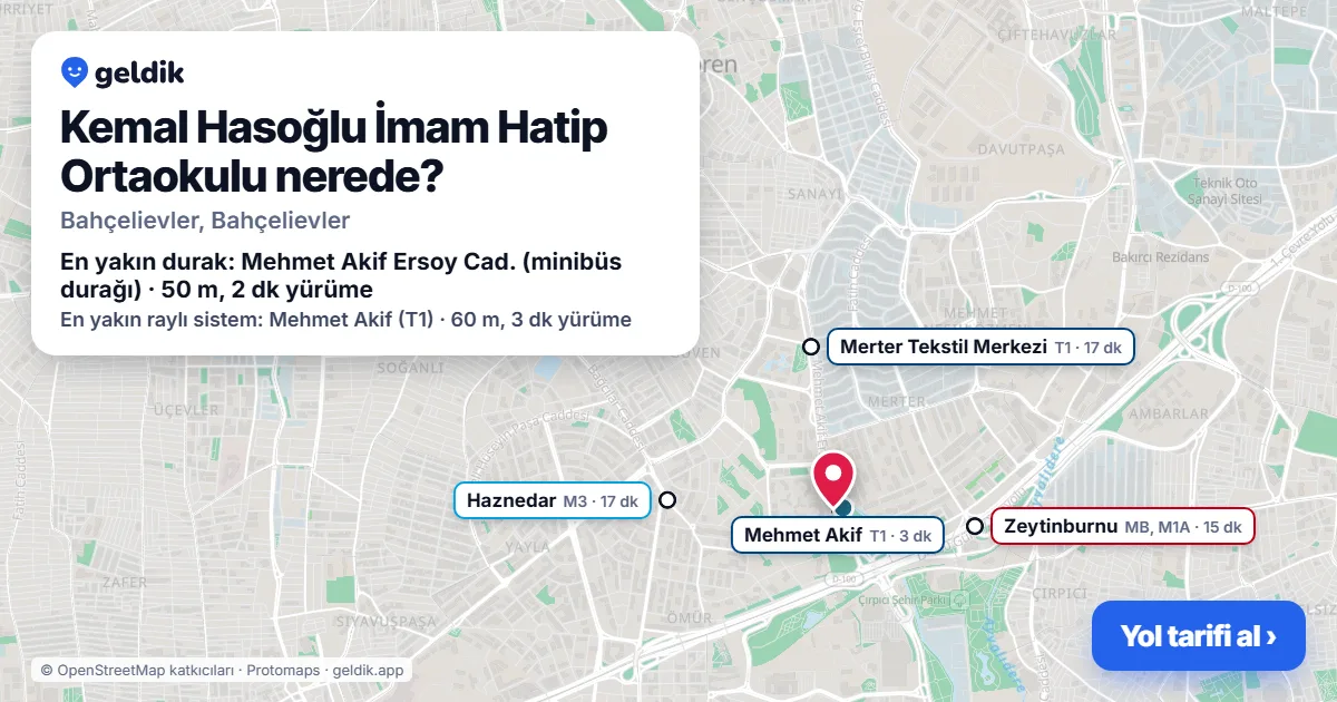 Kemal Hasoğlu İmam Hatip Ortaokulu nerede: haritada konumu ve en yakın duraklar, yürüme süreleriyle
