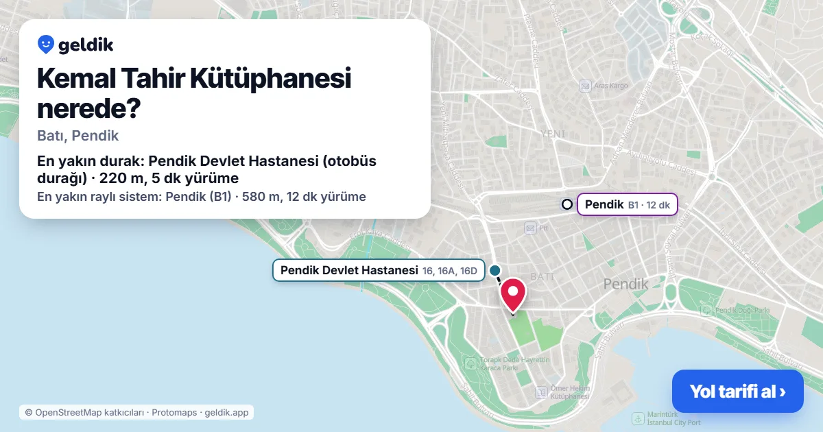 Where is Kemal Tahir Kütüphanesi: map with its location and the nearest stops, with walking times