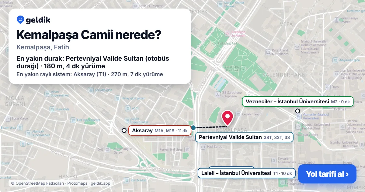 Where is Kemalpaşa Camii: map with its location and the nearest stops, with walking times