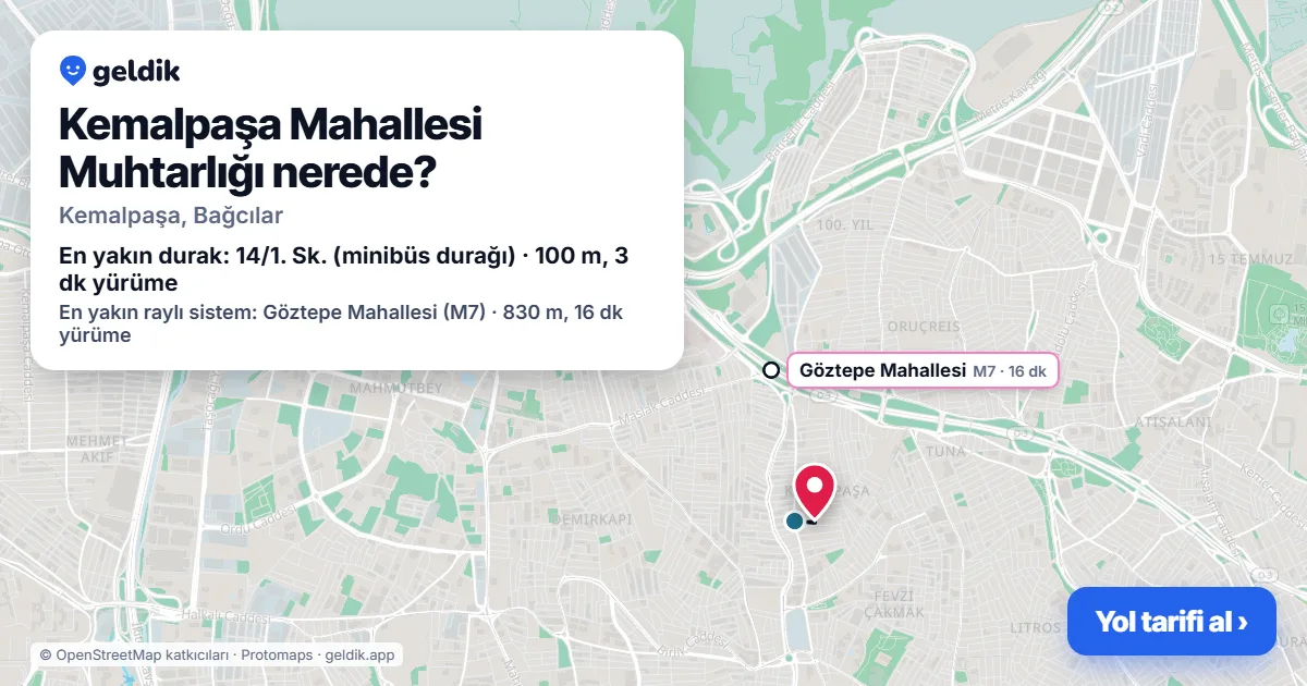 Where is Kemalpaşa Mahallesi Muhtarlığı: map with its location and the nearest stops, with walking times