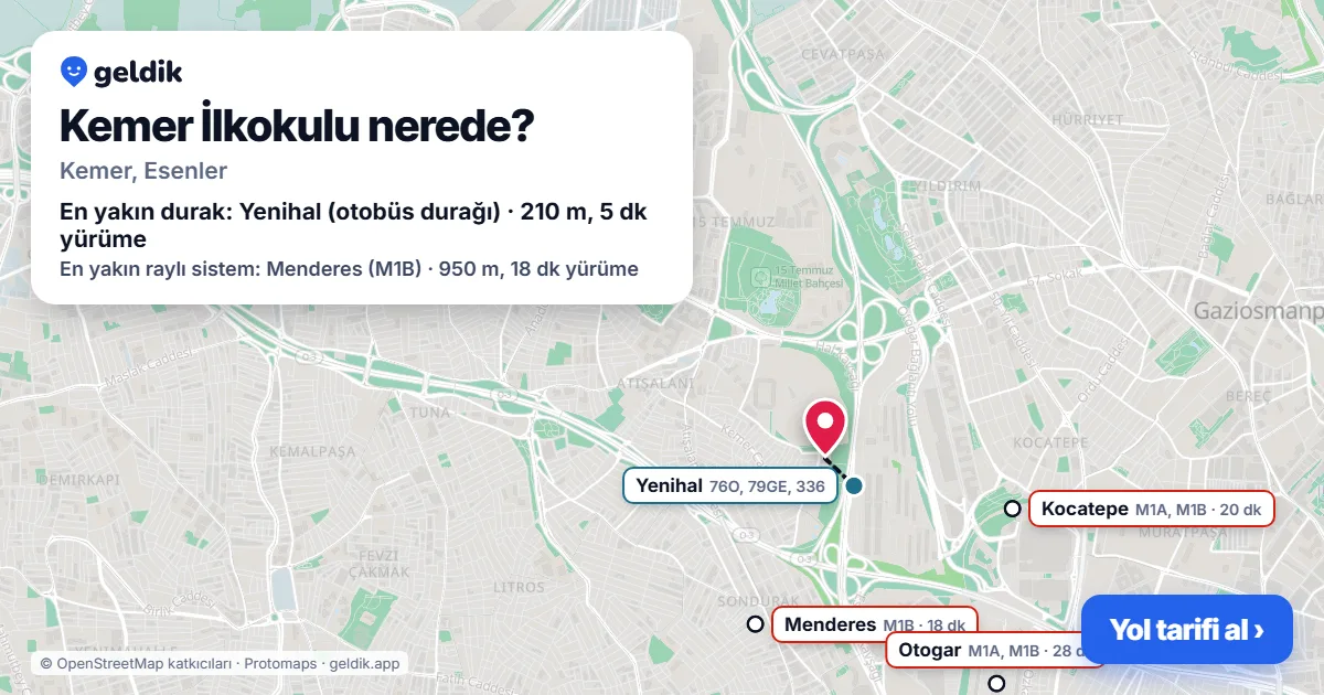 Kemer İlkokulu nerede: haritada konumu ve en yakın duraklar, yürüme süreleriyle
