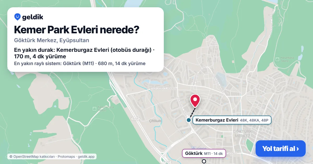 Kemer Park Evleri nerede: haritada konumu ve en yakın duraklar, yürüme süreleriyle