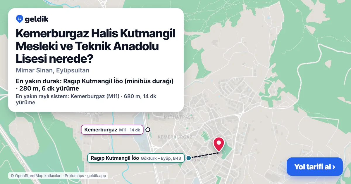 Where is Kemerburgaz Halis Kutmangil Mesleki ve Teknik Anadolu Lisesi: map with its location and the nearest stops, with walking times