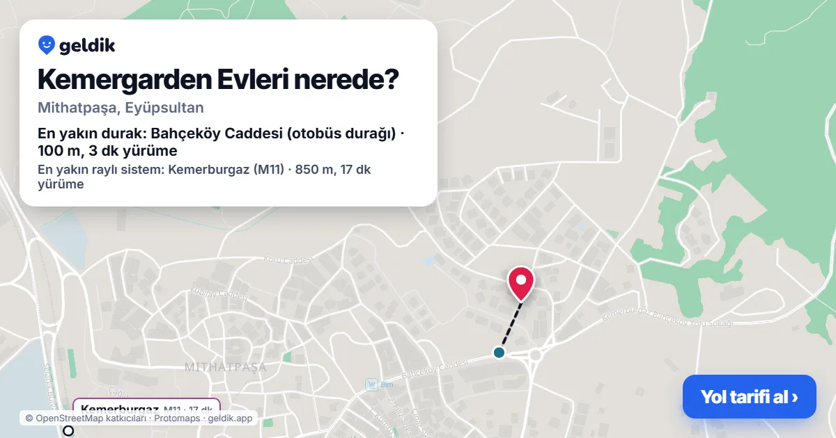 Kemergarden Evleri nerede: haritada konumu ve en yakın duraklar, yürüme süreleriyle