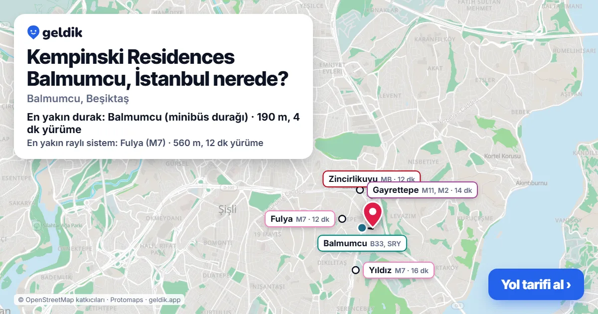 Kempinski Residences Balmumcu, İstanbul nerede: haritada konumu ve en yakın duraklar, yürüme süreleriyle