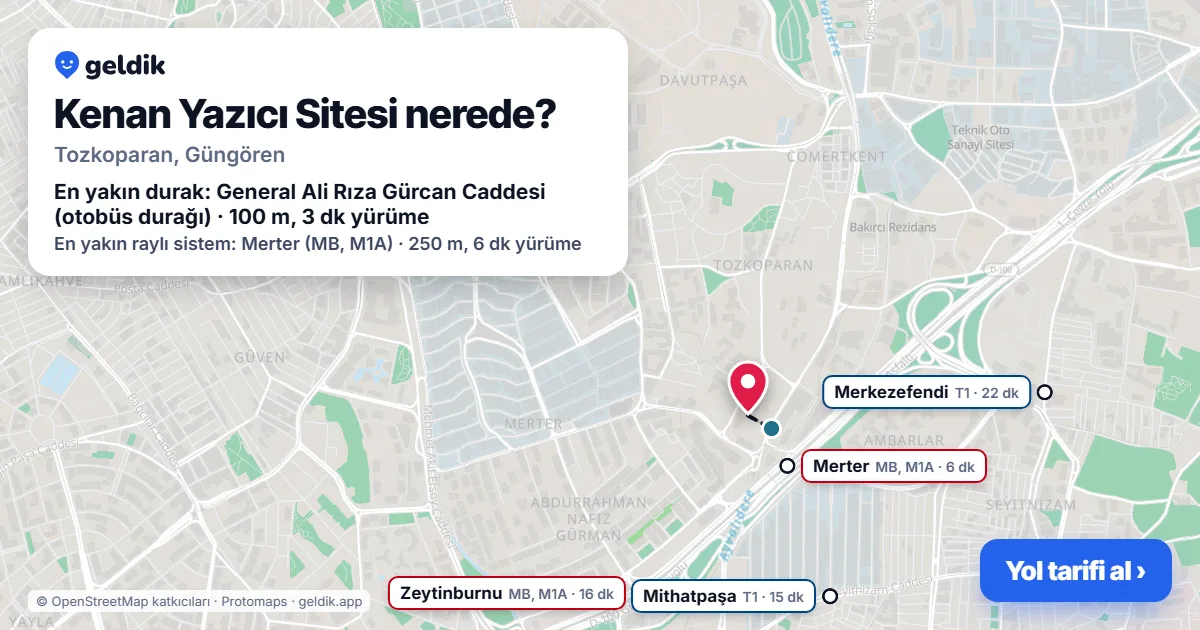 Kenan Yazıcı Sitesi nerede: haritada konumu ve en yakın duraklar, yürüme süreleriyle